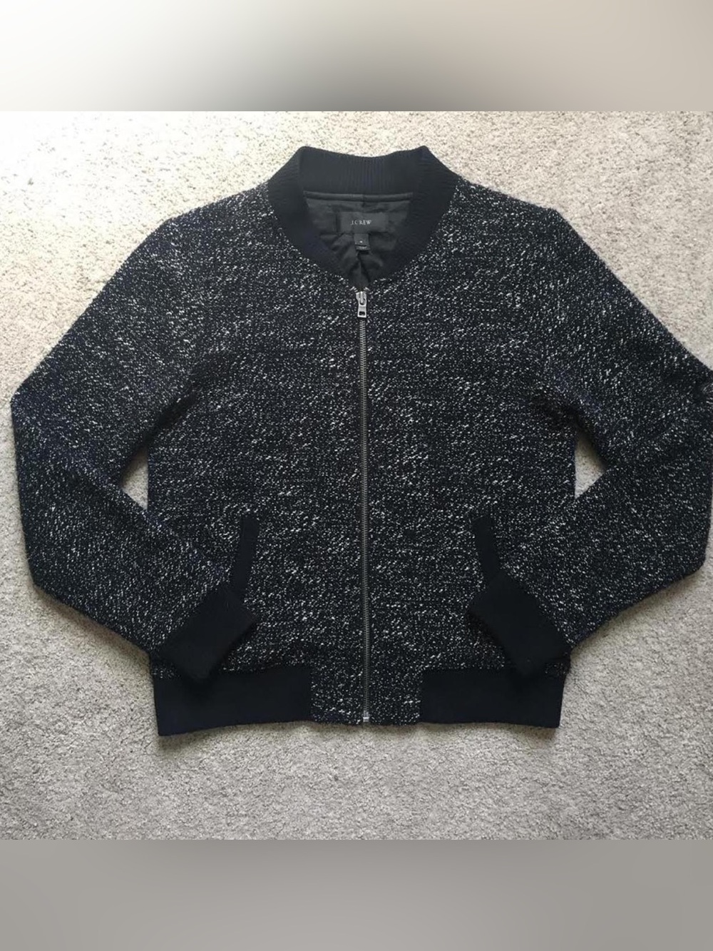 J. Crew Black & White Tweed Zip-Up Bomber